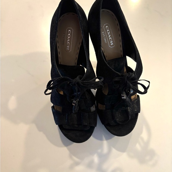 COACH•black suede leather platform heeled sandals 7 EUC - Picture 4 of 8